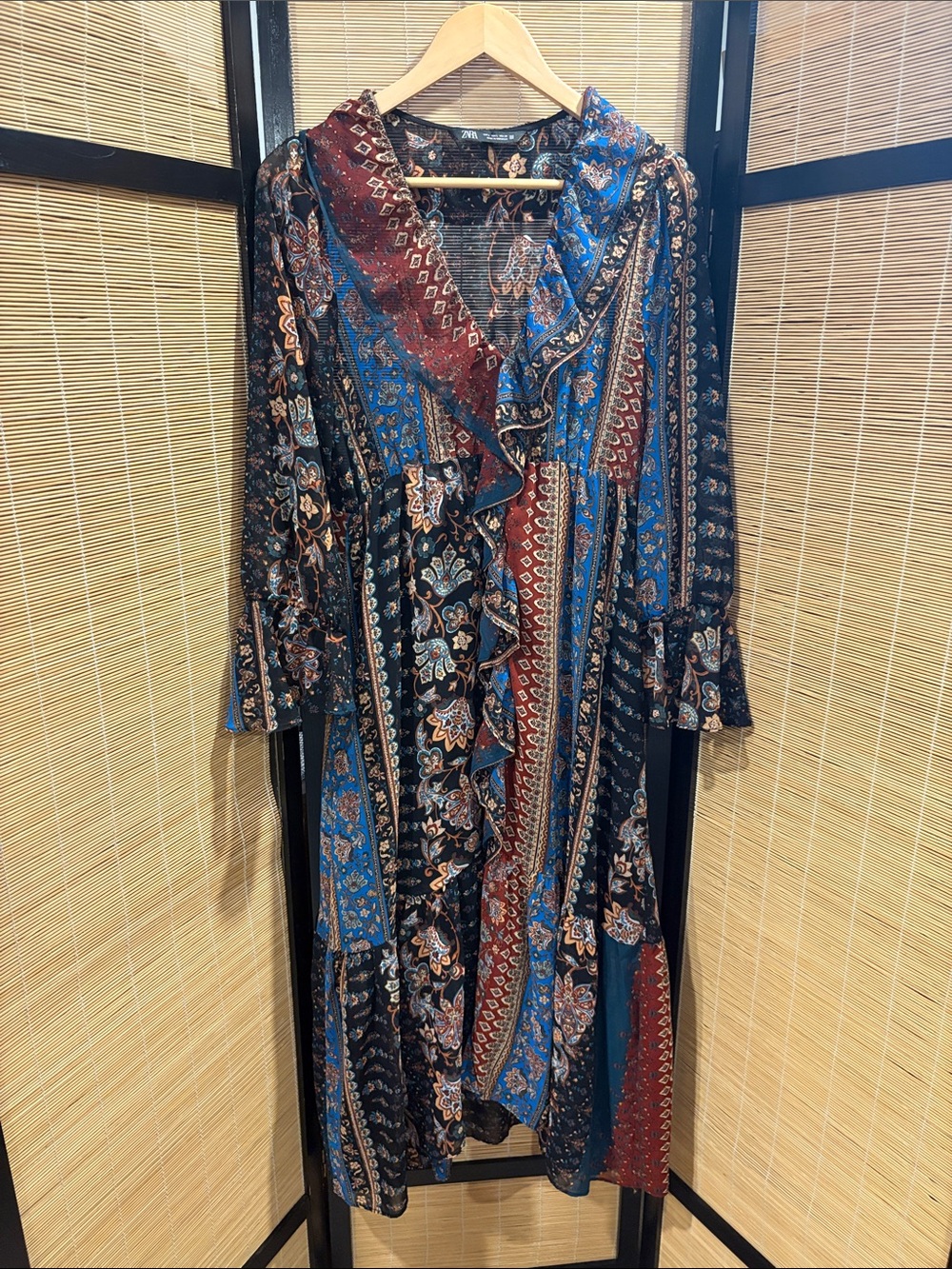 Zara Patchwork Paisley Ruffle Midi Dress in Blue & Red